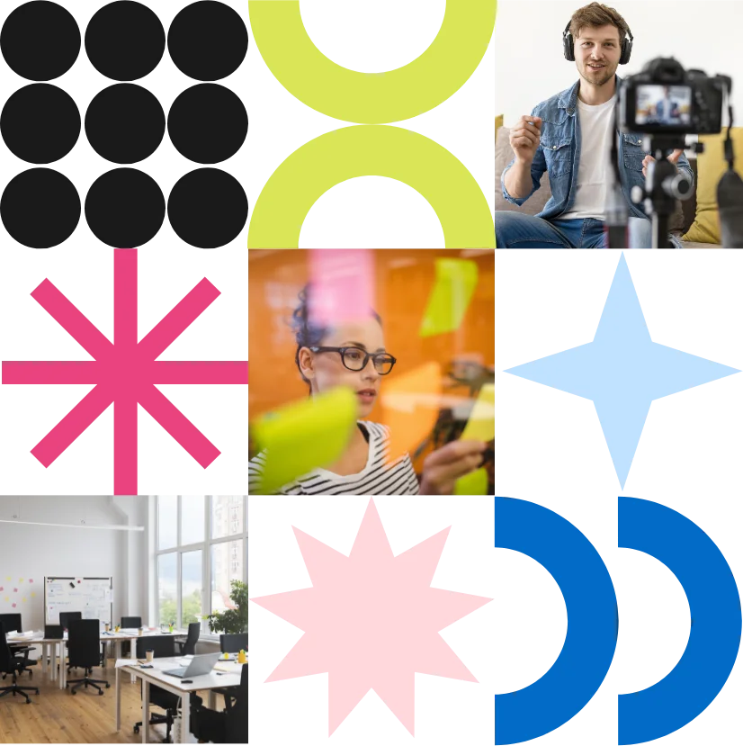 Collage con un creador grabando con cámara, una profesional organizando ideas con notas adhesivas y la oficina de Impacktum