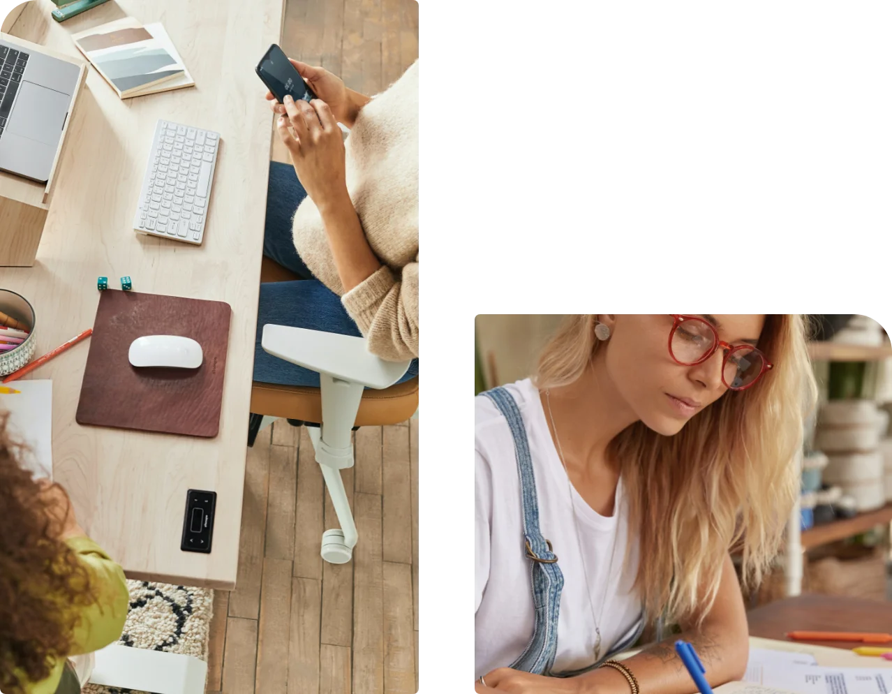 Creadora de contenido tomando notas junto a un escritorio con portátil y móvil